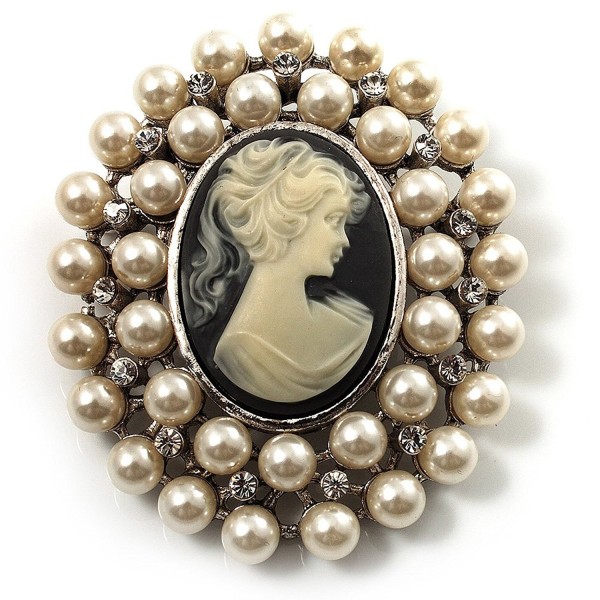 Simulated Pearl Crystal Cameo Brooch (Silver Tone) - C7114UNBKEF
