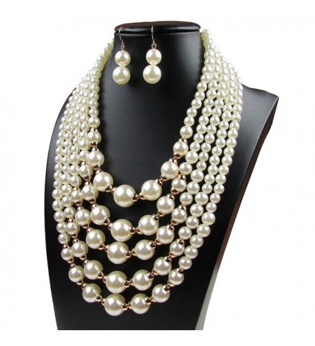 Women Elegant Jewelry Set White Pearl Bead Cluster Collar Bib Choker ...