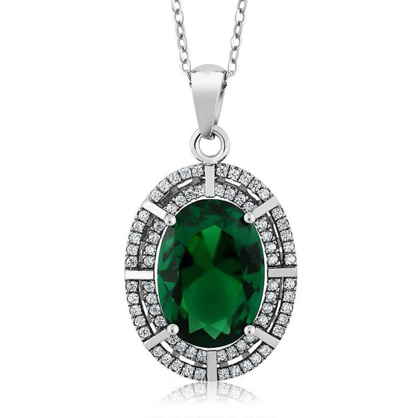 Sterling Silver Oval Green Simulated Emerald Pendant Necklace (6.94