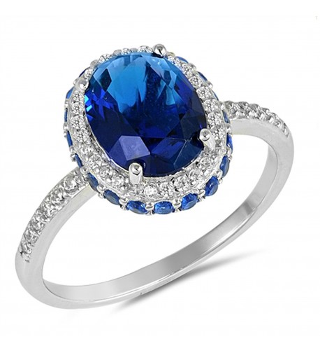 Sterling Silver Oval Sideways Halo Ring - Blue Simulated Sapphire ...