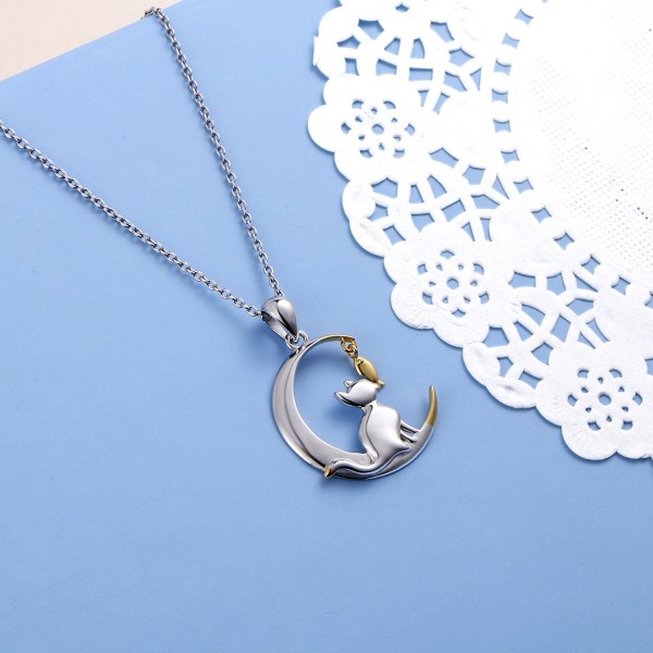 Two Tone 925 Sterling Silver Crescent Moon Cat with Dangling Fish ...