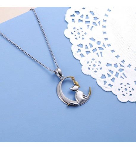 Two Tone 925 Sterling Silver Crescent Moon Cat with Dangling Fish ...