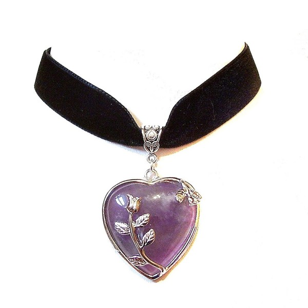 Black Velvet Choker Necklace w Purple Amethyst Heart - CQ128LU3RLL